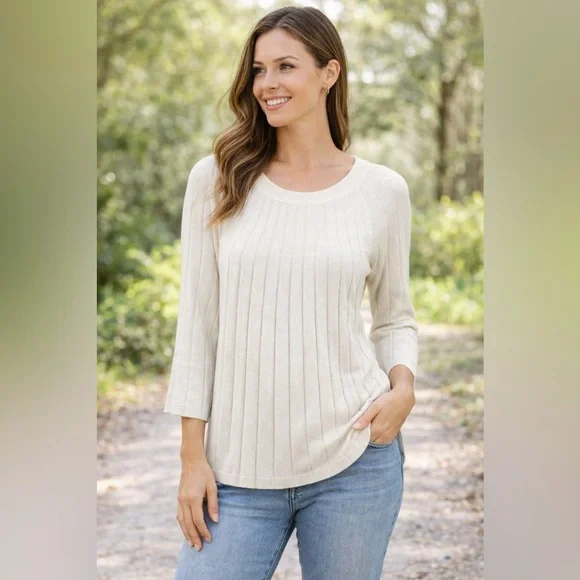Loft A-line Ribbed Flare Sleeve Round Neck Sweater Women Med Cream - Picture 1 of 5